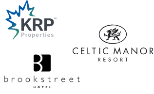 Logos of KRP Properties, Celtic Manor Resort, and Brookstreet Hotel